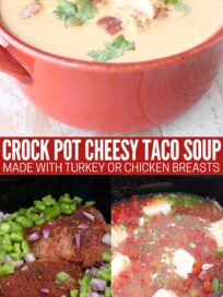 cheesy taco soup in bowl and in crock pot uncooked with ingredients