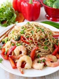 Teriyaki shrimp, fresh veggies and lo mein noodles are combined in this easy one pot recipe, made in under 30 minutes, perfect for weeknight dinners!