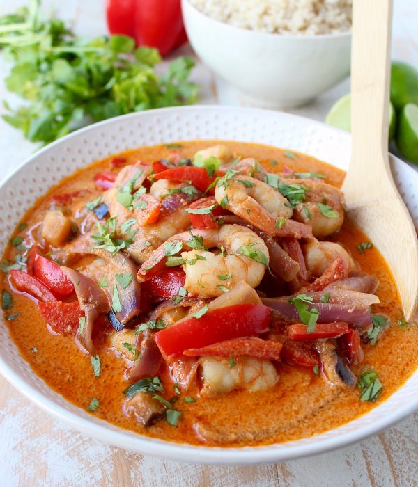 Shrimp & vegetables are cooked into a simple, delicious red curry sauce in this Red Curry Shrimp recipe, made in only 20 minutes for an easy weeknight meal!