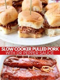 pulled pork sliders on plate and pork in crock pot