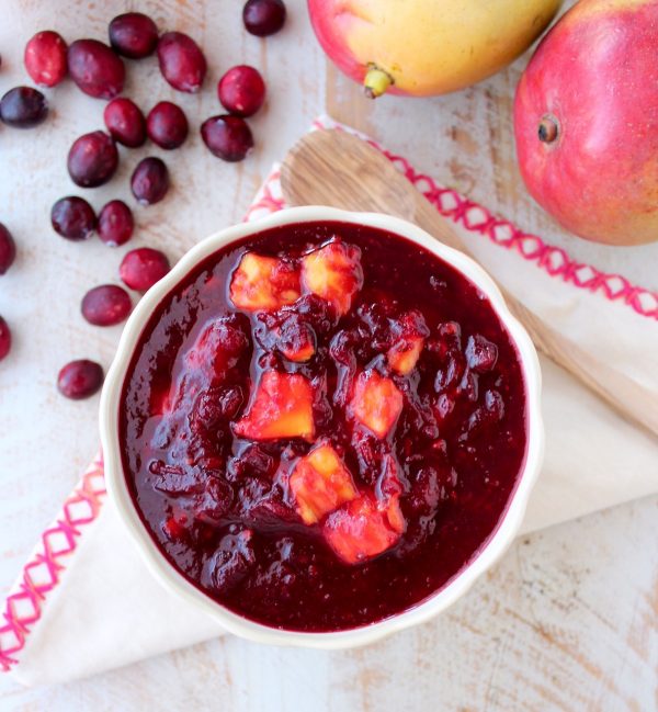 Chipotle peppers & fresh mango add smokey, sweet & tropical flavors to a traditional cranberry sauce, delicious as a ham glaze or perfect served with turkey!