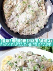 creamy mushroom chicken in skillet and on plate with pasta