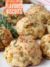 stuffing flavored biscuits on plate with rosemary