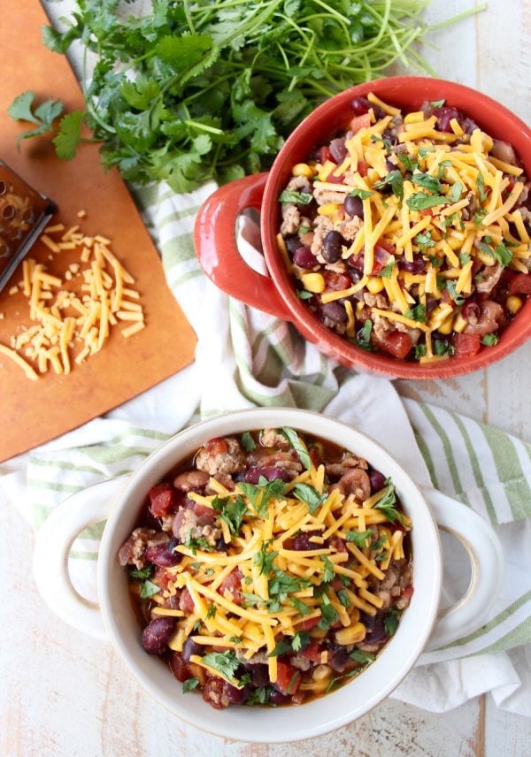 Ground turkey and three kinds of beans are added to one pot to make this protein packed, easy and healthy turkey taco soup recipe, made in only 29 minutes!