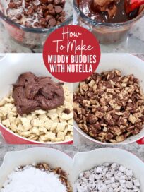 collage of images showing how to make muddy buddies