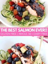 Balsamic glazed salmon in bowl with zucchini noodles and berry avocado salsa