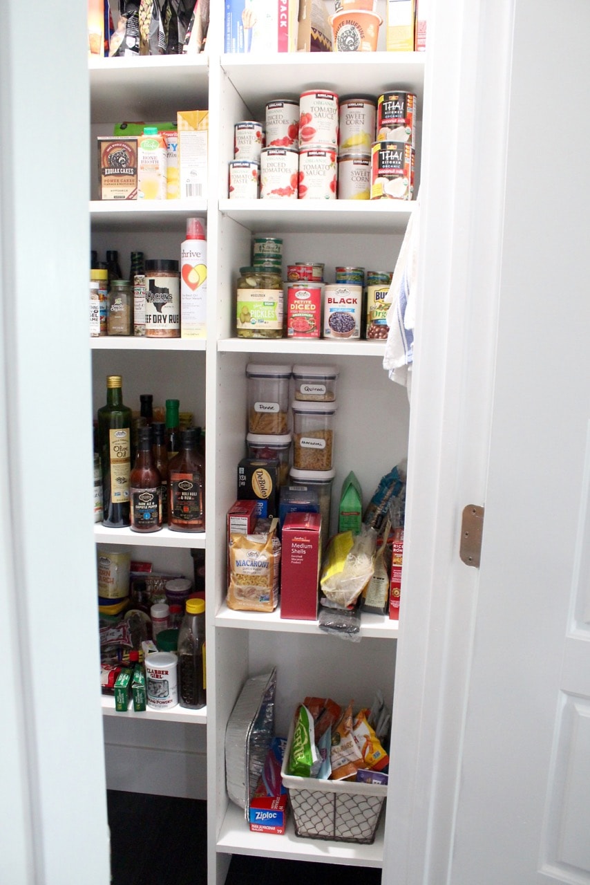 Kitchen pantry organization for pasta, canned goods and snacks