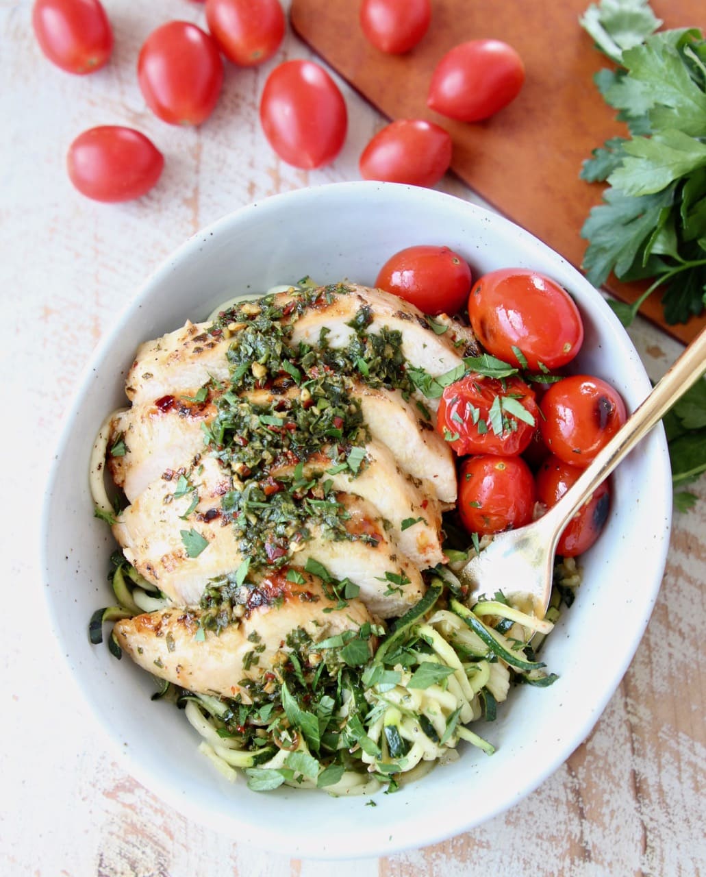 Zucchini Noodles with Grilled Chimichurri Chicken and Cherry Tomatoes