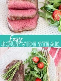 Image of sliced steak on plate with salad, with text overlay