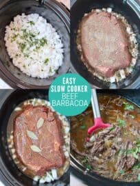 collage of images showing how to make shredded beef barbacoa