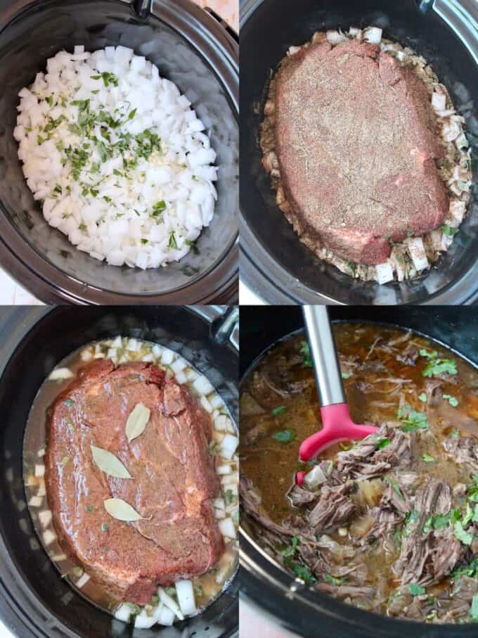 collage of images showing how to make shredded beef barbacoa