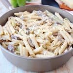French Onion Chicken Penne Pasta in Skillet with Green Bell Peppers