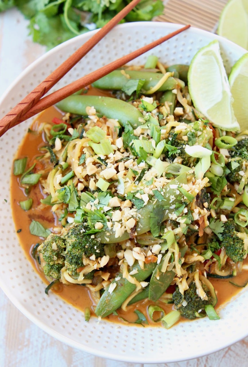 Vegan Pad Thai with Zucchini Noodles, Sugar Snap Peas, Crushed Peanuts and Scallions 