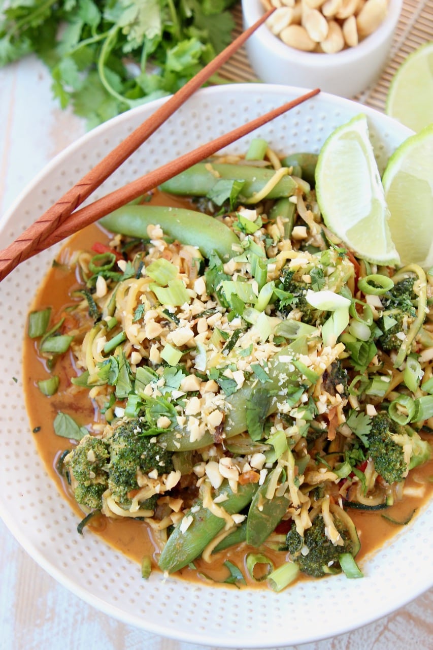 Vegan Pad Thai with Zoodles, Sugar Snap Peas, Broccoli, Vegan Pad Thai Sauce, Scallions, Peanuts and Limes