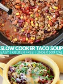 taco soup in slow cooker with spoon and in yellow bowl