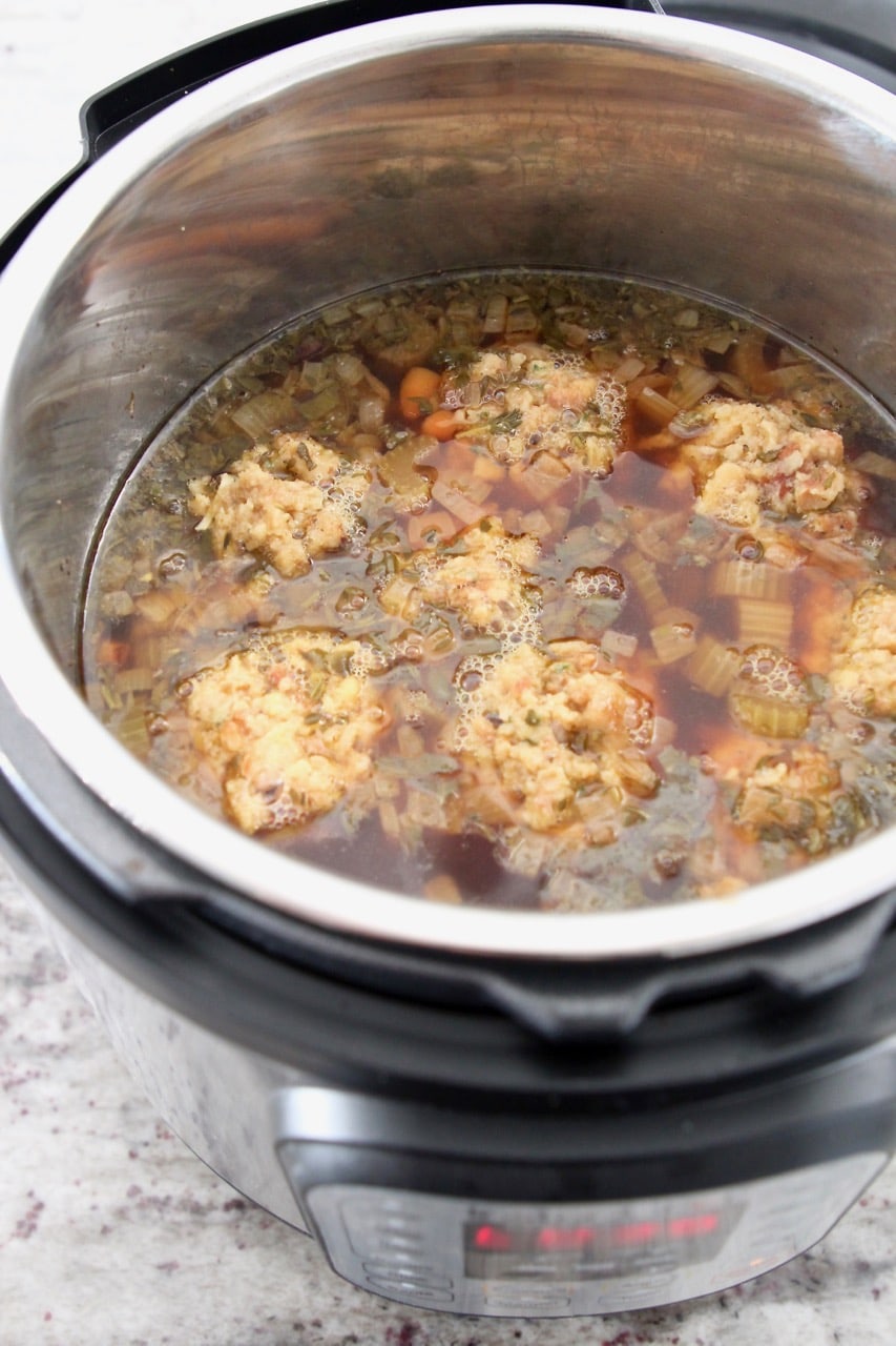 Turkey soup with stuffing dumplings in Instant Pot