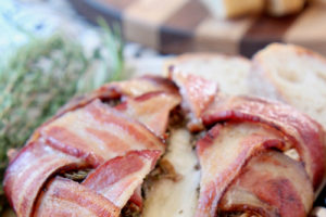 Bacon Wrapped Brie- Quick and Easy Recipe - WhitneyBond.com image, with text overlay