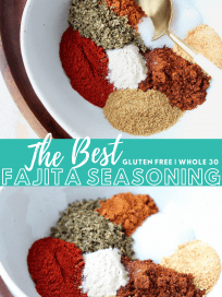 Image of fajita seasoning spices in bowl with spoon, with text overlay