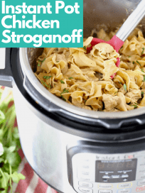 Image of chicken stroganoff in Instant Pot with text overlay