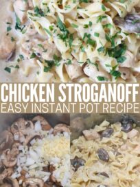 chicken stroganoff cooking in Instant Pot and prepared in bowl with fork