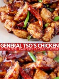 general tso's chicken with red chilies and scallions on plate