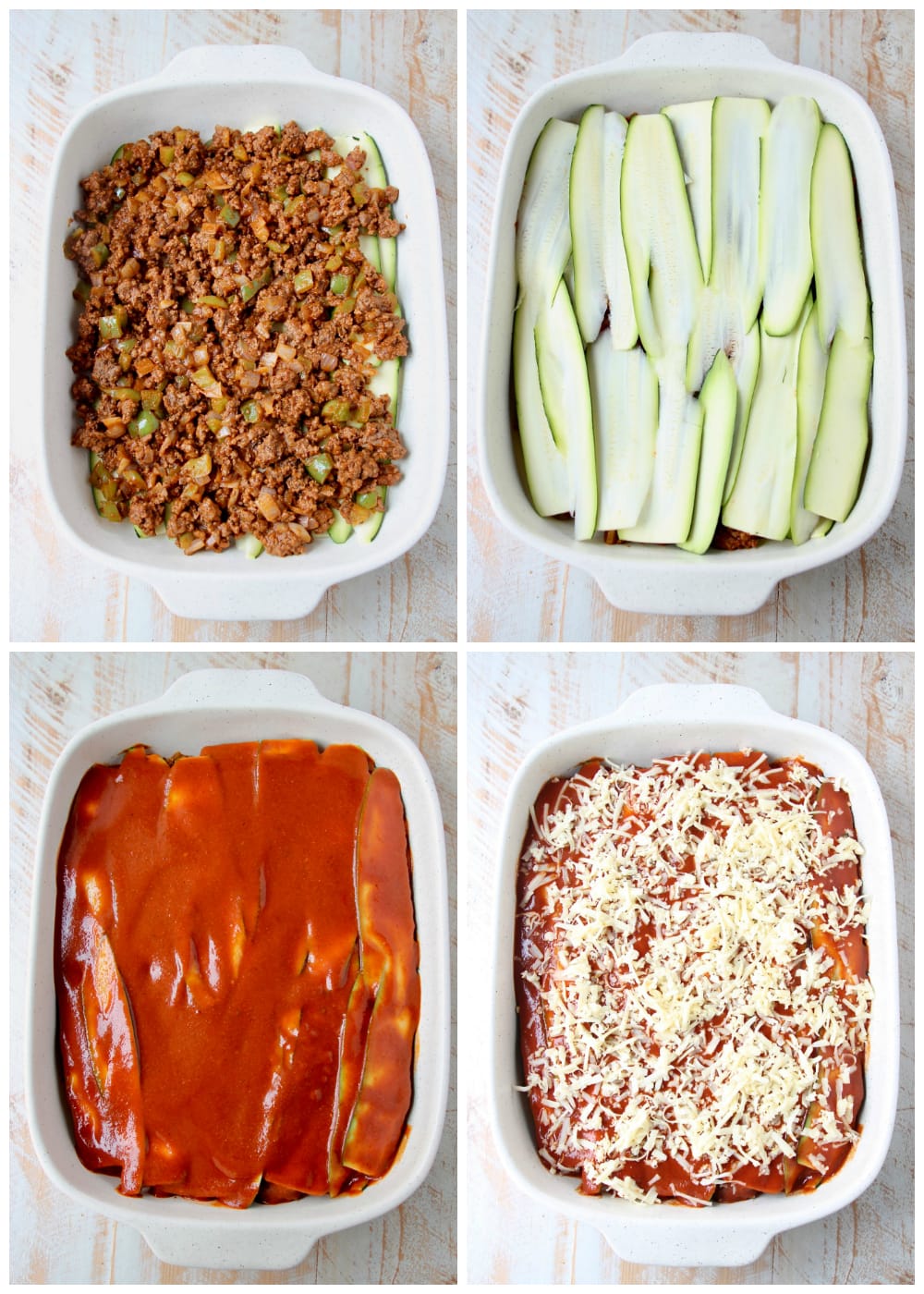 Instructional images of how to make low carb zucchini enchiladas with ground beef and red sauce