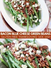 Fresh green beans in bowl topped with crumbled pecans, bacon and blue cheese