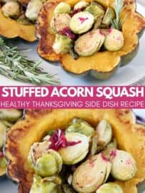 roasted brussels sprouts in half of a roasted acorn squash