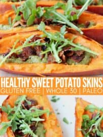 sweet potato skins on white plate topped with arugula