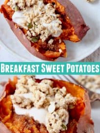 Sweet potato on plate filled with granola