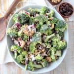 Overhead image of broccoli salad in bowl