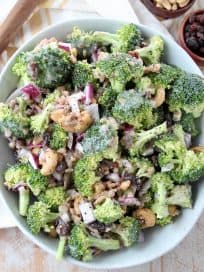 Overhead image of broccoli salad in bowl