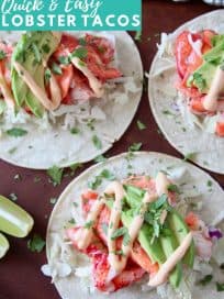 Image of lobster tacos on wood serving tray with text overlay