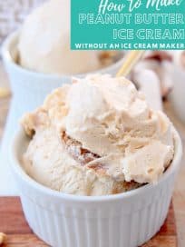 Scoops of peanut butter ice cream in bowls with gold spoons