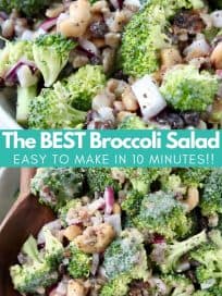 Overhead image of broccoli salad in bowl with text overlay
