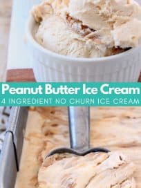 Peanut butter ice cream being scooped out of metal container and scoops of ice cream in bowls