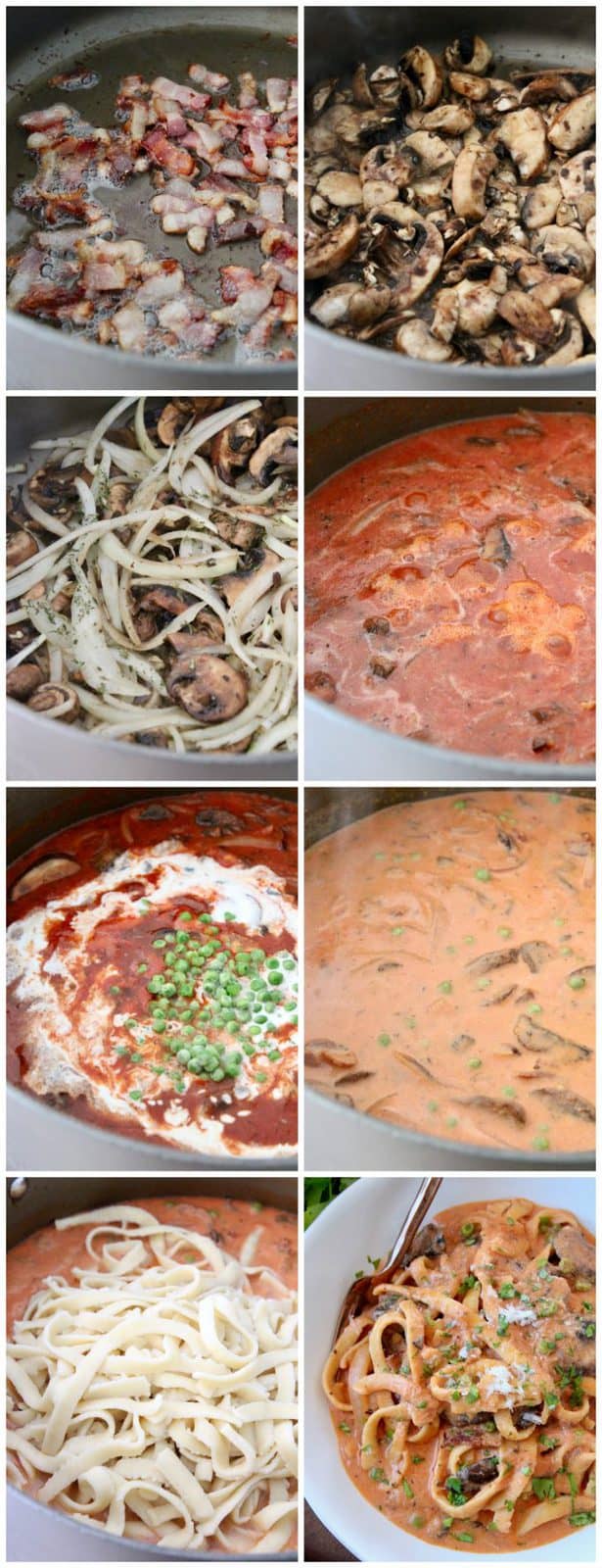 Collage of images showing how to make boscaiola sauce