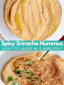 Sriracha hummus in bowl with gold spoon