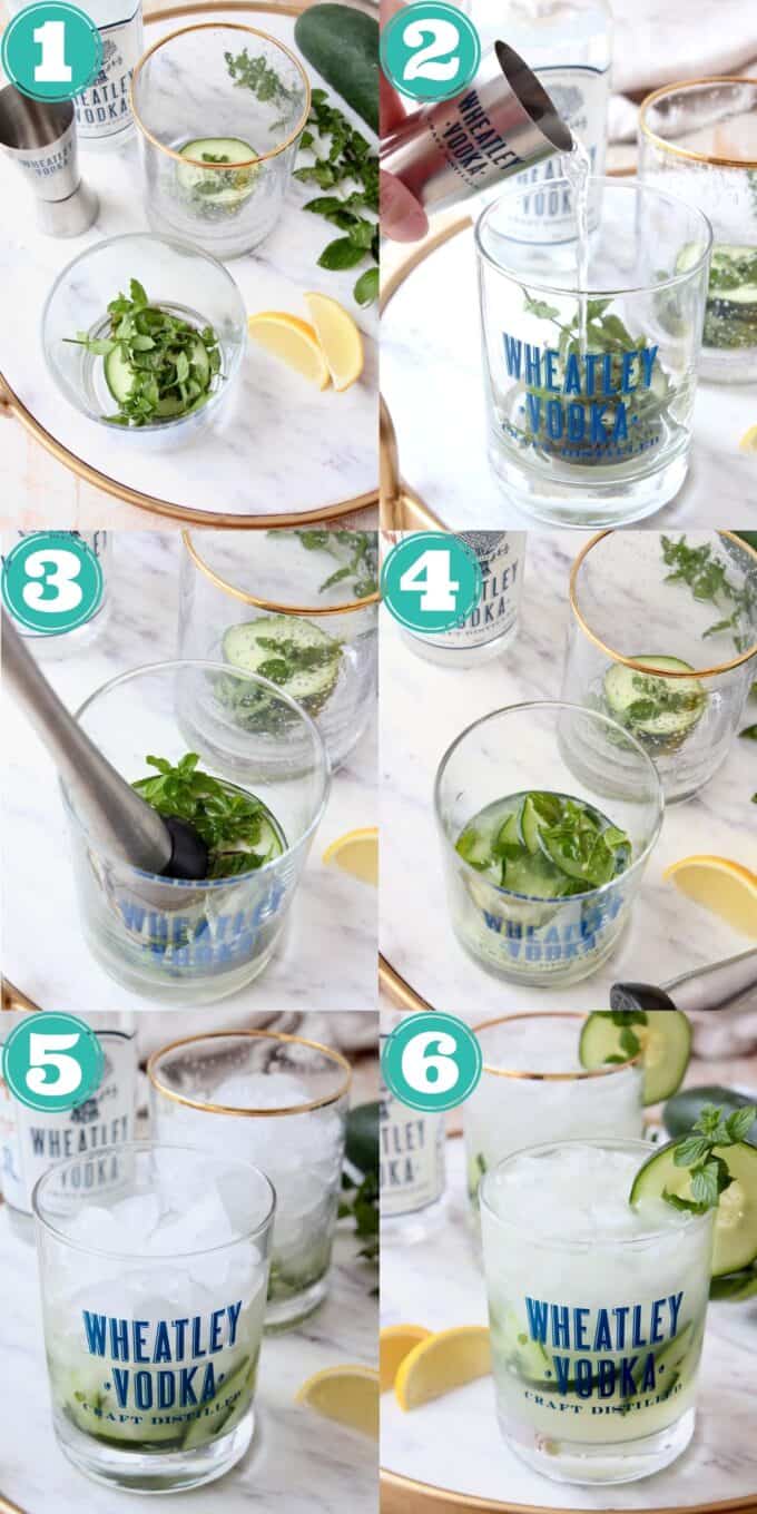 Step by step instructional images showing how to make a cucumber mint vodka cocktail