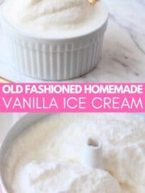 Vanilla ice cream in white ramekin with gold spoon