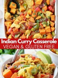 vegetable curry casserole in baking dish and bowl