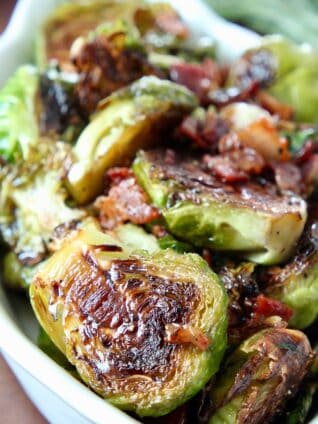cooked brussel sprouts in serving dish