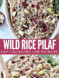 wild rice pilaf in serving dish with wooden serving spoon
