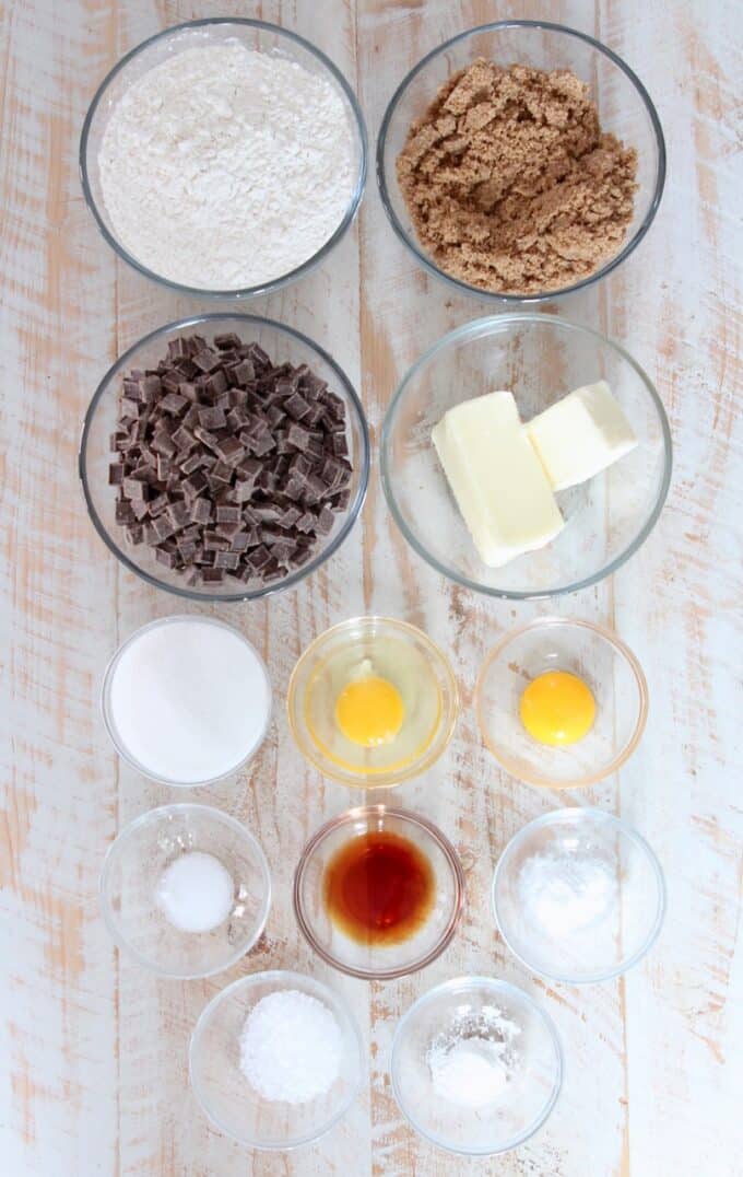 ingredients for sea salt chocolate chunk cookies in glass bowls