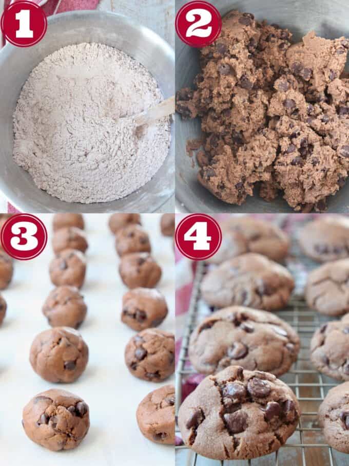collage of images showing how to make double chocolate chip cookies