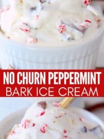 Scoops of peppermint bark ice cream in white bowl