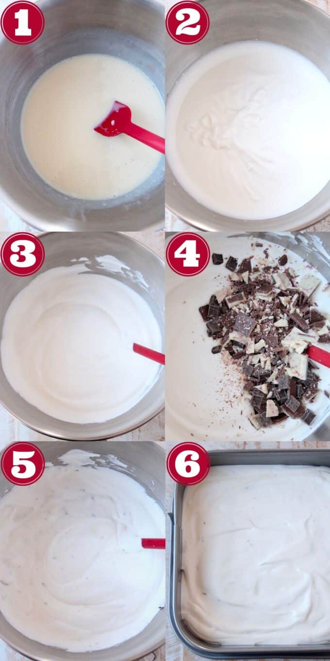 collage of images showing how to make peppermint bark ice cream