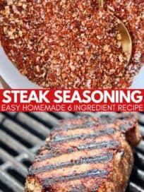 collage of images showing steak on grill and steak seasoning in bowl