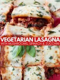 vegetable lasagna in baking dish with spatula