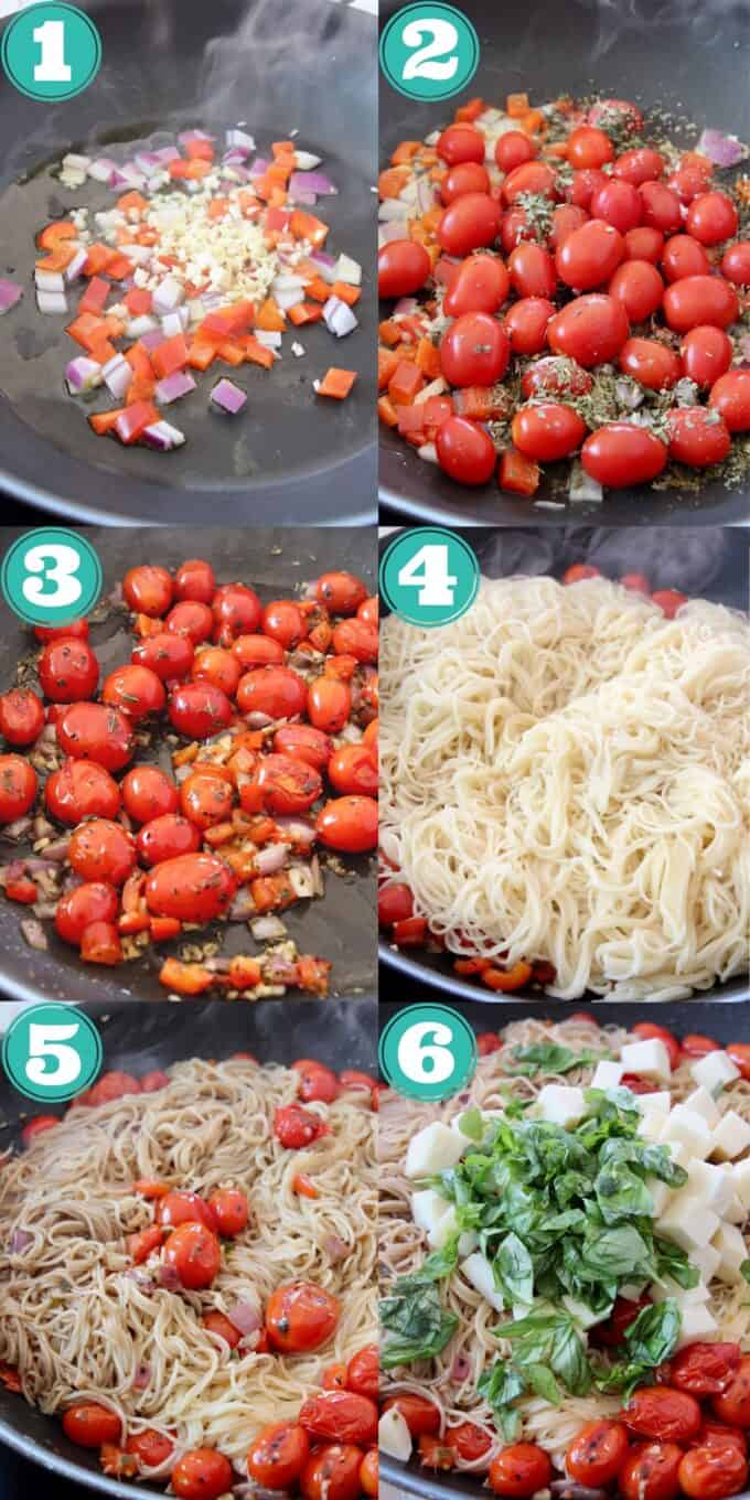 collage of images showing how to make caprese pasta